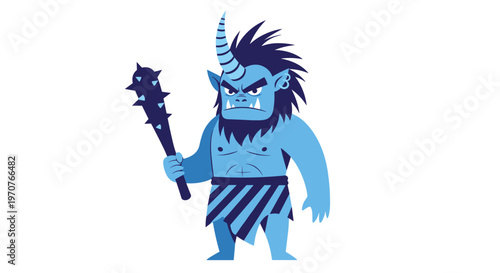 Traditional blue demon or ogre character from folklore with one horn, sharp teeth, and a spiked club in a fighting stance.
