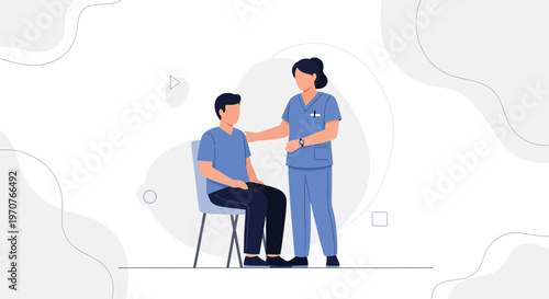 Nurse comforting patient sitting on chair, medical support, healthcare concept illustration