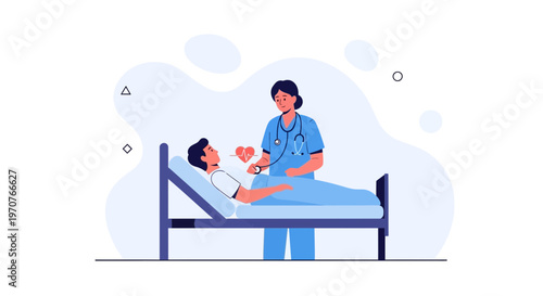 Nurse checking patient's heartbeat on hospital bed, medical checkup illustration
