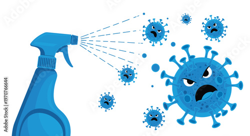 Disinfectant spray bottle illustration spraying liquid to eliminate blue virus particles on a white background for hygiene.