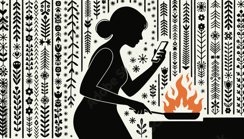 Woman distracted by phone while cooking with a frying pan on fire