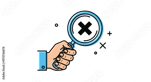 Hand holding a magnifying glass focused on a black cross symbol, representing search, error, or rejection in a graphic design.