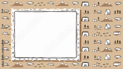 Flat cartoon illustration of empty dialog bubble with camping background and mountains