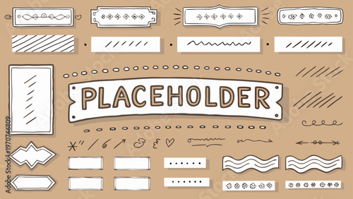 Flat cartoon illustration of various text placeholder elements and decorative lines on a beige background for design and branding purposes