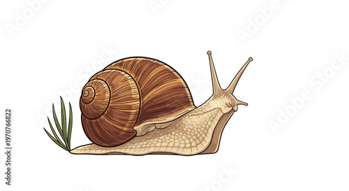 Detailed illustration of a garden snail with a spiral brown shell crawling slowly past a few blades of green grass.