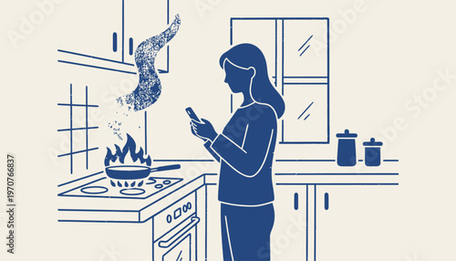 Woman distracted by phone while cooking kitchen fire hazard smoke rising from burning pan