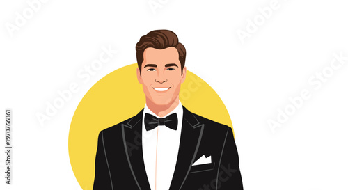 Handsome man in a black tuxedo and bow tie smiling confidently in front of a large yellow circle on a white background.