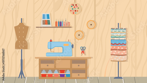 Cozy sewing corner with blue machine fabric rolls dress form and shelves wooden background
