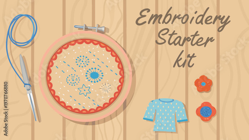 Embroidery starter kit with hoop scissors thread and fabric on wooden background for craft hobby