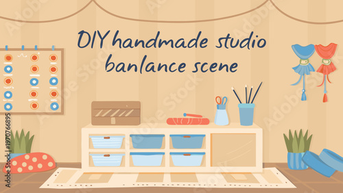 Flat illustration of diy handmade studio scene with shelving plants and crafting supplies on a beige background