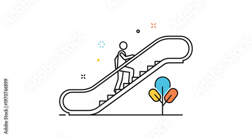 Modern outline illustration of a person walking up a moving escalator in a building or shopping mall environment.