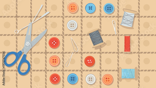 Colorful sewing supplies laid out on a grid background including buttons threads scissors and needles for crafting and diy projects