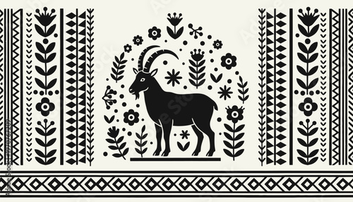 Black goat silhouette with floral patterns and geometric designs on white background