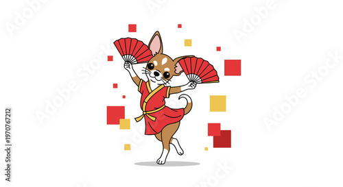 Cute chihuahua dog dressed in red traditional costume dancing with two fans surrounded by colorful squares on white background.