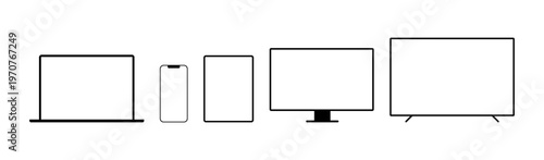 Laptop, smartphone, tablet pc, desktop monitor, and television mockup set. Collection of flat technology devices with blank white screen, vector illustration