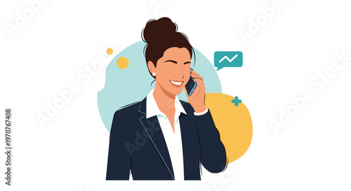 Happy professional woman talking on smartphone with business icons and abstract shapes in the background vector illustration.