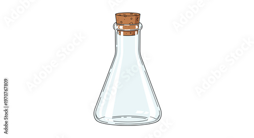 Empty glass erlenmeyer flask with a cork stopper for chemistry and scientific laboratory experiments vector illustration.