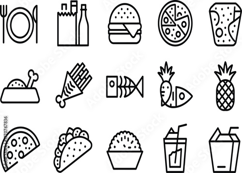 Fast food and restaurant line icon set, including burger, pizza, taco, drinks, and healthy snacks
