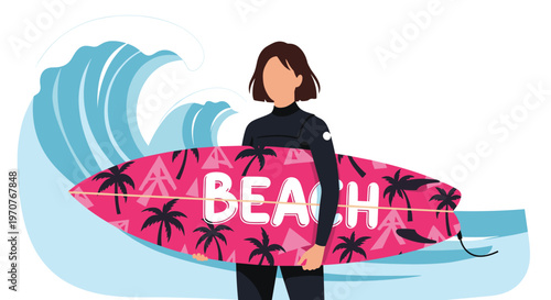 Surfer woman in black wetsuit holding a pink surfboard with beach text standing in front of ocean waves vector illustration.