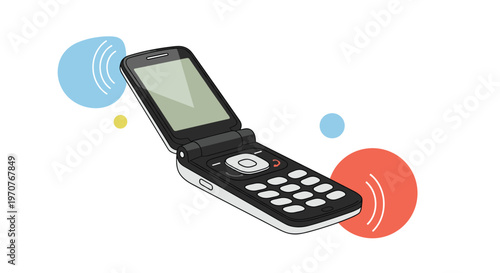 Classic black and white flip phone with ringing signals and colorful circles in the background vector illustration.