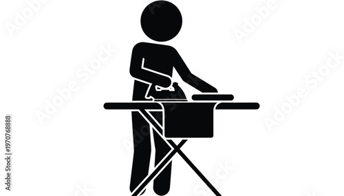 Clean vector illustration of a person ironing clothes on an ironing board, depicting daily household duties.