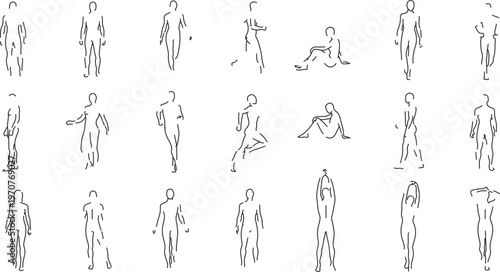 Minimalist hand drawn people sketches, set of 21 architectural scale figures in gestural line art style, black ink outline human silhouettes for diagrams