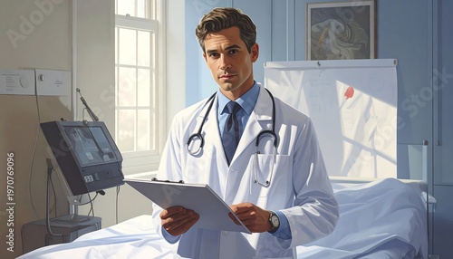 A doctor in a hospital room with a clipboard