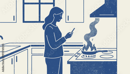 Woman distracted by phone while cooking on gas stove in kitchen with smoke rising