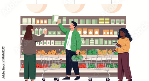 Vector illustration of people shopping for groceries in a supermarket, choosing products from shelves