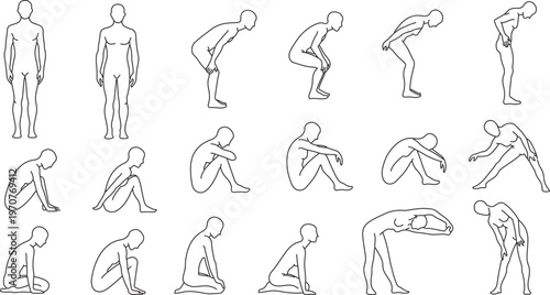 Quadro su tela Minimalist human body outline icons, 18 male and female figure silhouettes in va