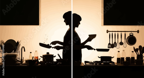 Woman cooking in kitchen with pots and pans silhouette against warm lighting culinary preparation