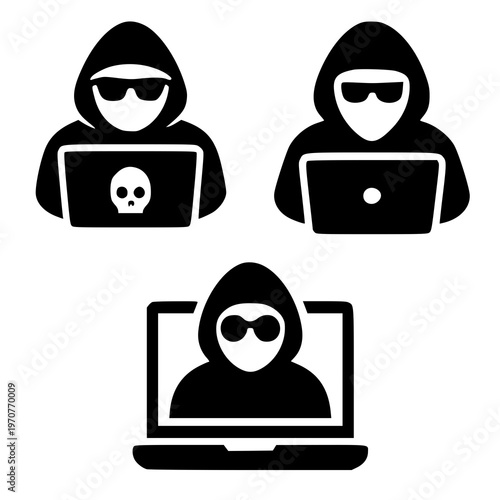 Foto Cyber Attackers - Three specific icons of hooded hackers working on laptops, emphasizing teamwork in cyber warfare scenarios