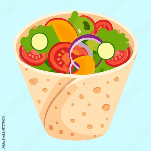 Fresh tortilla wrap filled with vibrant vegetables and salad for a nutritious vegetarian lunch on go - Vector Illustration