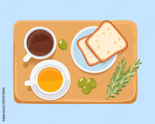 Morning breakfast board with coffee cup bread slices and olive snacks for a healthy start day - Vector Illustration