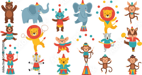 Cute Circus Animals Cartoon Set with Elephant, Lion, Monkey, Bear, and Performers in Colorful Costumes for Kids Entertainment Illustration Design