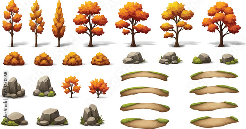 Autumn forest game assets vector set, orange fall trees and bushes collection, isometric rocks and dirt path elements for landscape map design