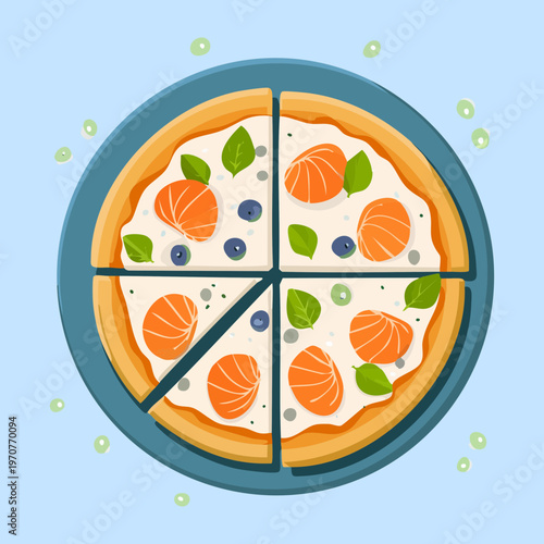 Whole pizza topped with salmon slices olives and herbs for a gourmet seafood italian meal concept - Vector Illustration