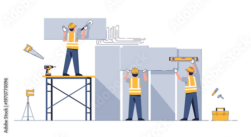 Construction Workers Installing Drywall Panels on Interior Building Site; Team of Builders Renovating House with Tools and Scaffolding Vector Illustration
