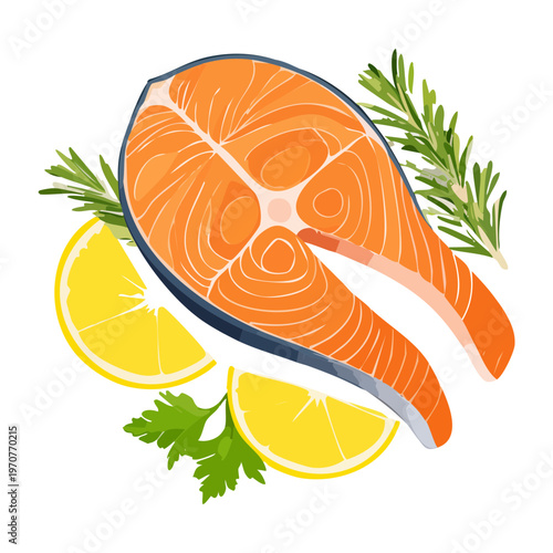 Fresh salmon fillet with lemon slices and parsley for healthy protein rich meal and gourmet cooking - Vector Illustration