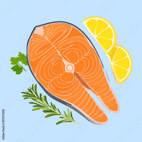 Gourmet salmon steak with citrus and herbs for healthy eating and seafood restaurant menu design concept - Vector Illustration