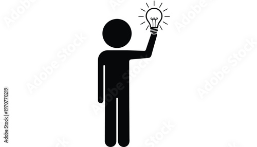 Simple vector graphic of a human figure having an innovative idea, symbolized by a bright light bulb.