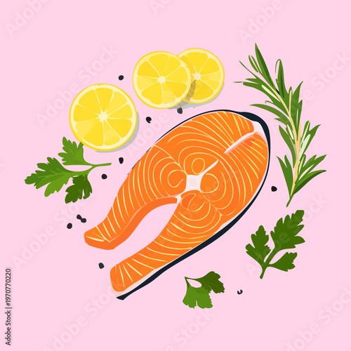 Raw salmon steak garnished with lemon slices and rosemary for healthy seafood cooking and recipe concept - Vector Illustration