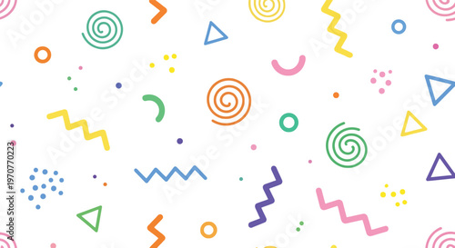 Seamless pattern with colorful Memphis style elements and abstract shapes for vibrant backgrounds and creative design projects in retro style.