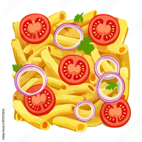 Penne pasta dish with tomatoes and onions for healthy mediterranean diet and italian food concept illustration - Vector Illustration