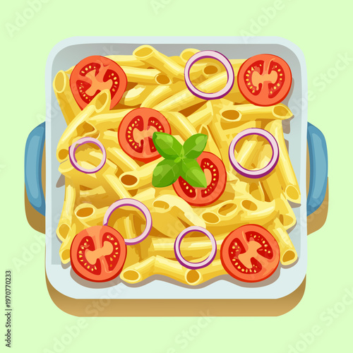 Cheesy baked pasta with tomatoes and herbs for a delicious and warm family dinner meal concept - Vector Illustration
