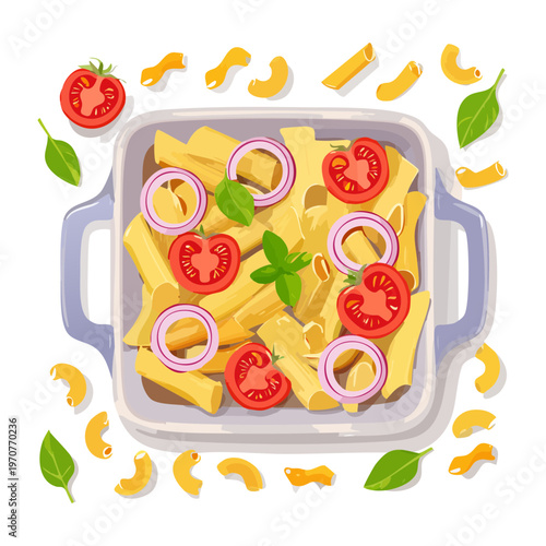 Italian pasta penne with tomato and onion slices for restaurant menu and healthy meal design concept - Vector Illustration