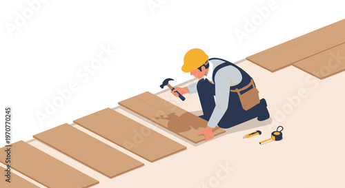 Isometric Construction Worker Installing Wood Parquet Flooring, Professional Handyman Renovating Interior with Laminate Planks