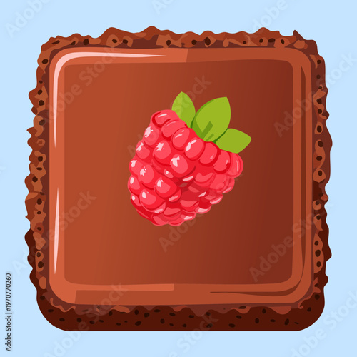 Square chocolate cake with raspberry and mint garnish for gourmet dessert and bakery menu illustration art - Vector Illustration