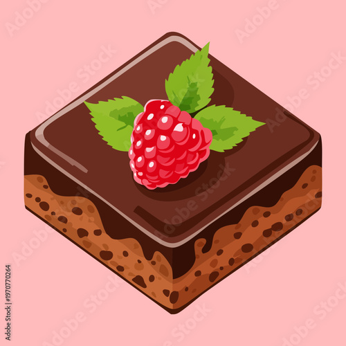 Brownie chocolate cake slice with raspberry and mint for a gourmet sweet snack and dessert design - Vector Illustration