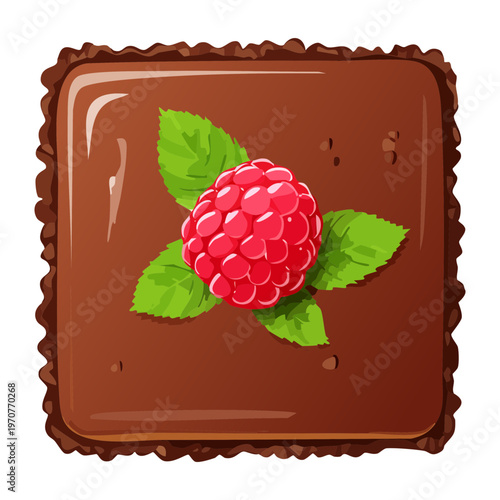 Chocolate brownie cake topped with fresh raspberry and mint leaf for a delicious dessert treat concept - Vector Illustration